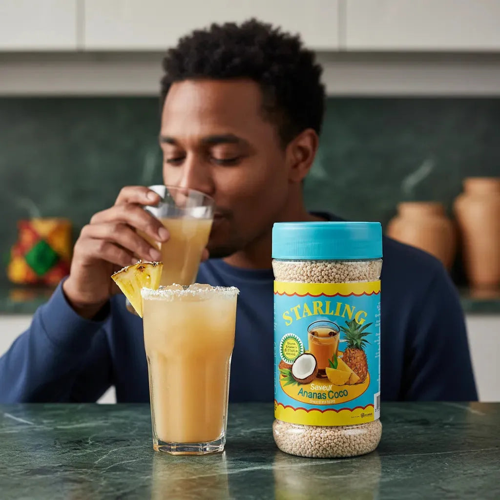 Homme dégustant un verre de thé STARLING ananas coco, avec pot de thé instantané et boisson tropicale garnie d’ananas en avant-plan.